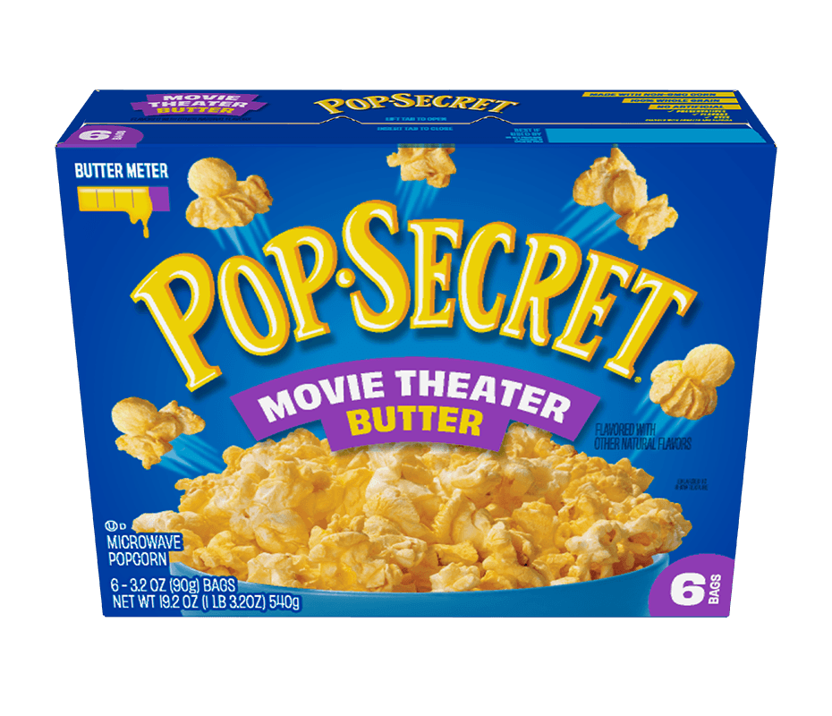A box of Pop Secret Movie Theater Butter popcorn